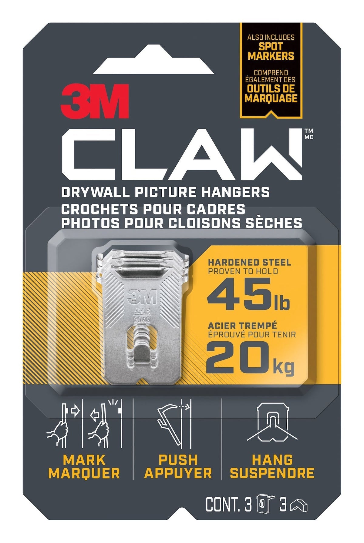 3M Claw DrywAll Picture Hanger, 45-lb Capacity, 3 Hangers per Pack L0V3 - product image 1