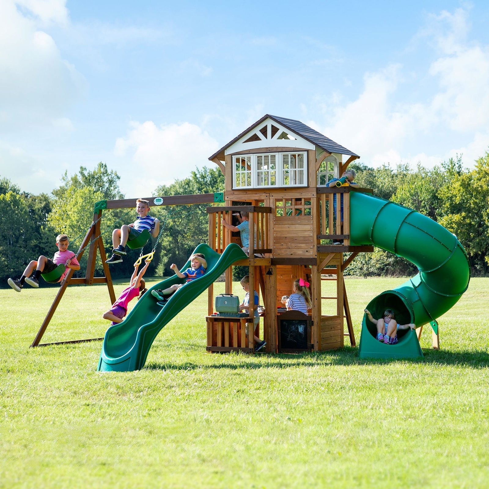 Discovery Kids' Bristol Point Cedar Wood Swing Set with Swing Beam, Upper & Lower Fort, Rock Wall & Slide Play for up to 11 Kids C0H7 - product image 1