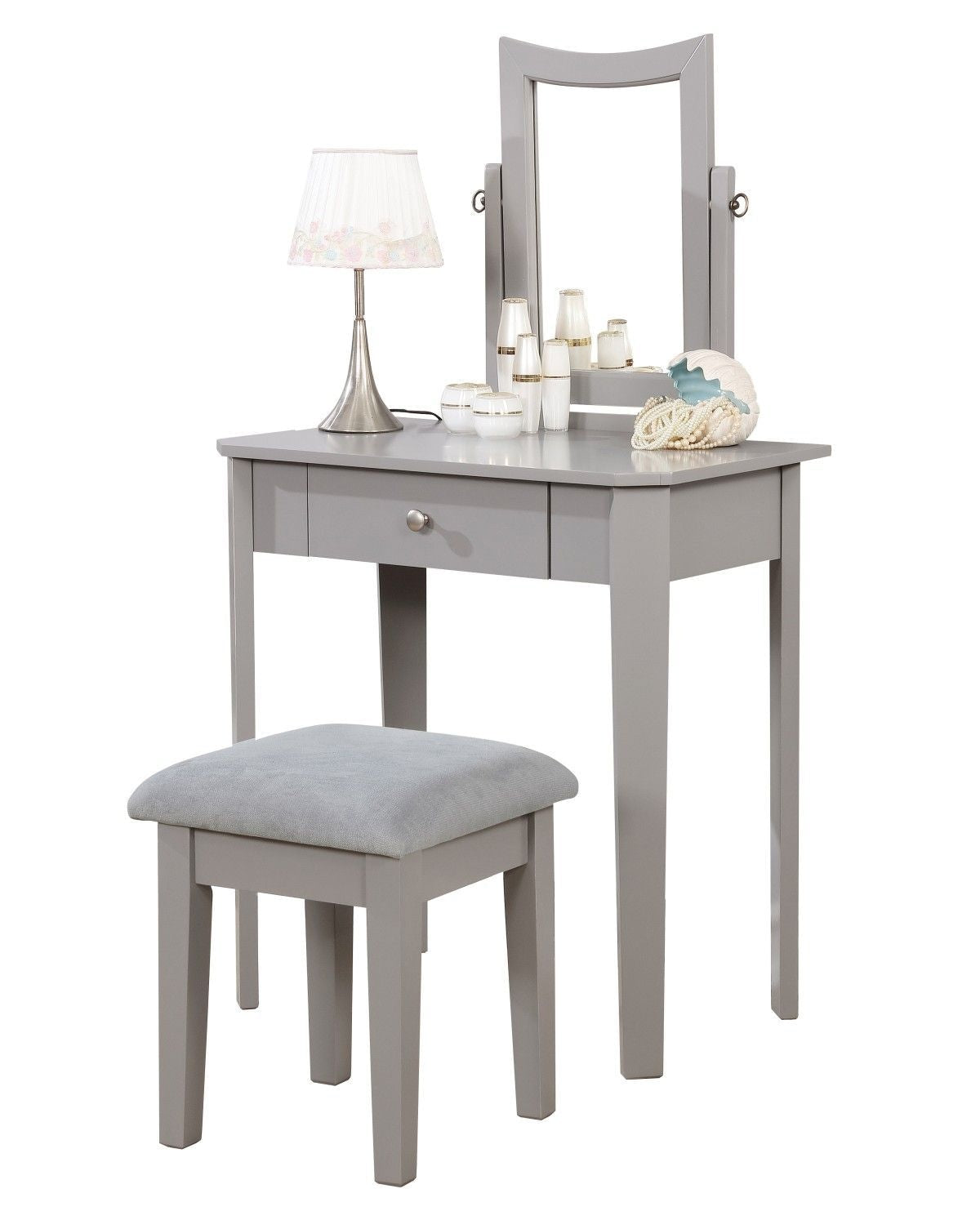 Cece 1-Drawer Grey Dressing Table Makeup Vanity Set with Stool and Mirror R3C3 - product image 3
