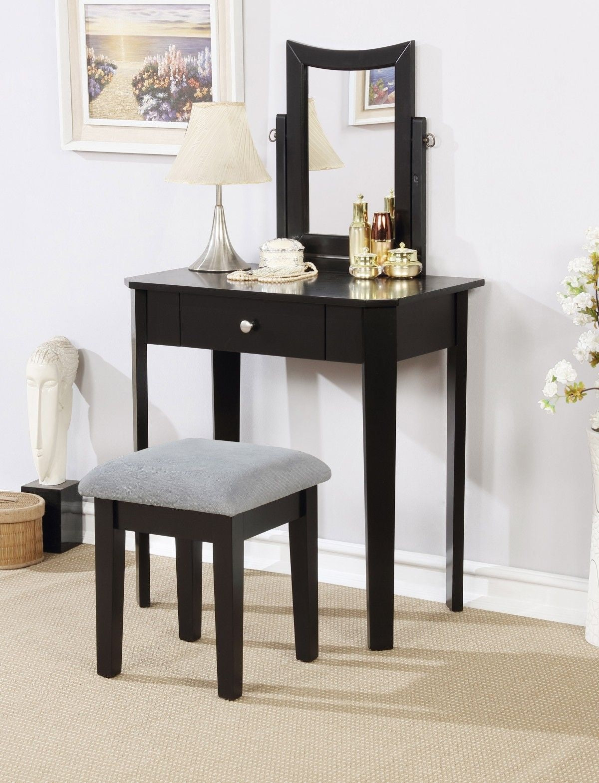 Celah 1-Drawer Black Dressing Table Makeup Vanity Set with Stool and Mirror I3L7 - product image 4