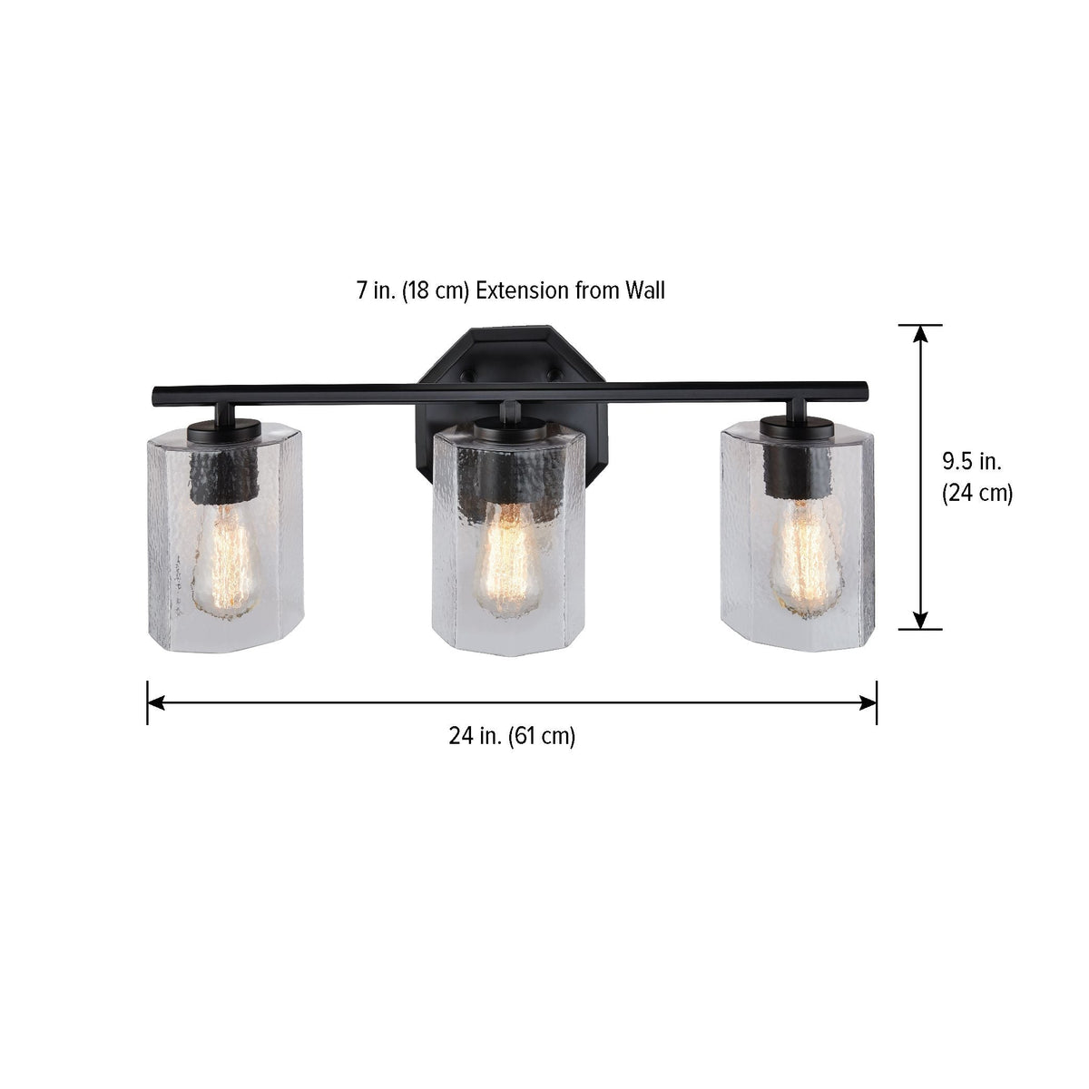 Bridgewater 3-Light Vanity Light Fixture with Rippled Glass Shade, Black C0L2 - product image 3