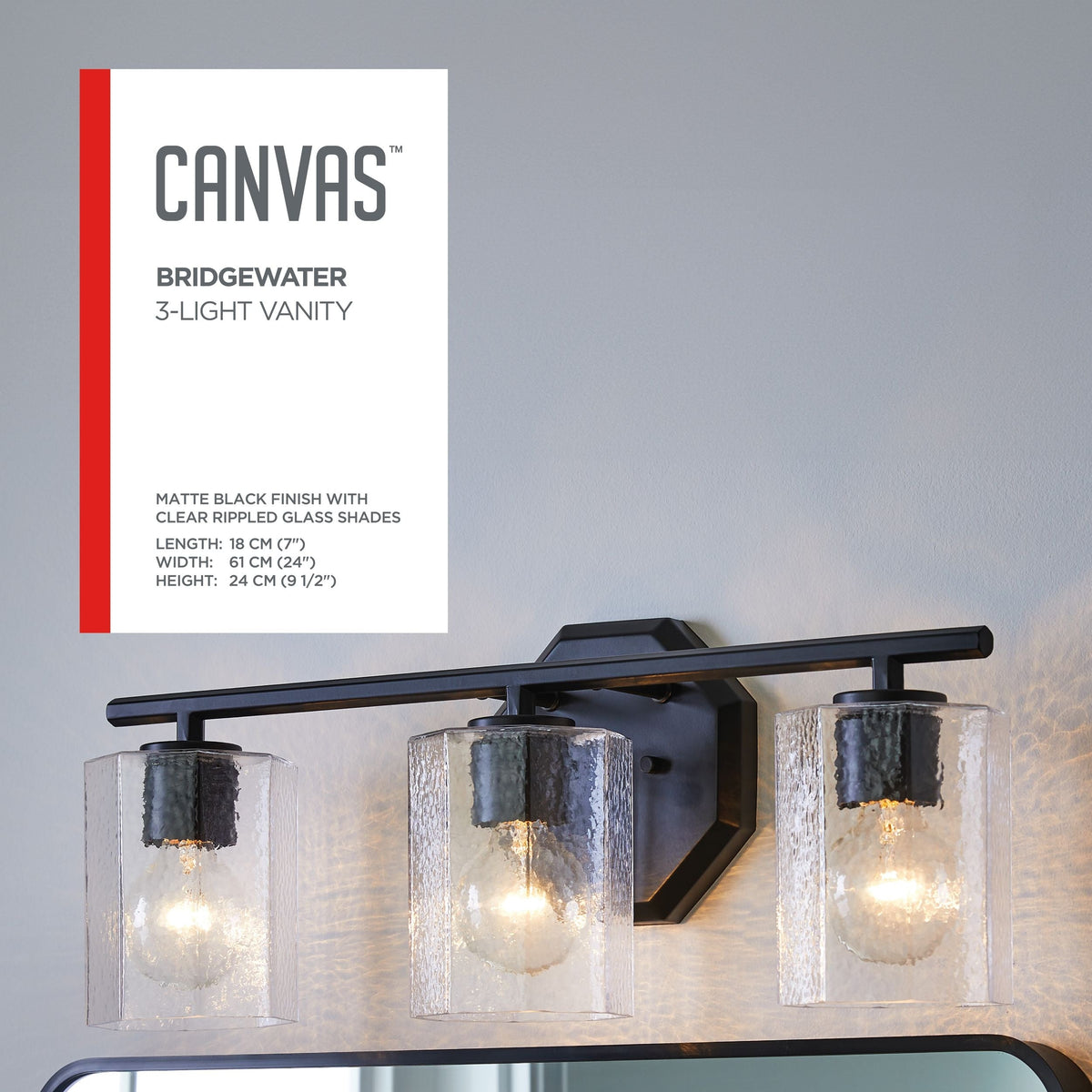 Bridgewater 3-Light Vanity Light Fixture with Rippled Glass Shade, Black C0L2 - product image 4