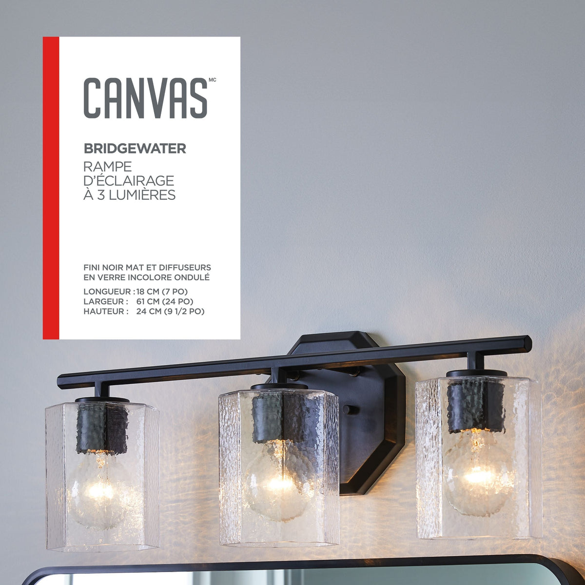 Bridgewater 3-Light Vanity Light Fixture with Rippled Glass Shade, Black C0L2 - product image 5