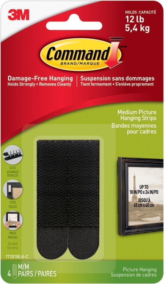 Medium Adhesive Picture Hanging Strips, Black, 12-lbs, 4 Strips Per Pack L2R0 - product image 1