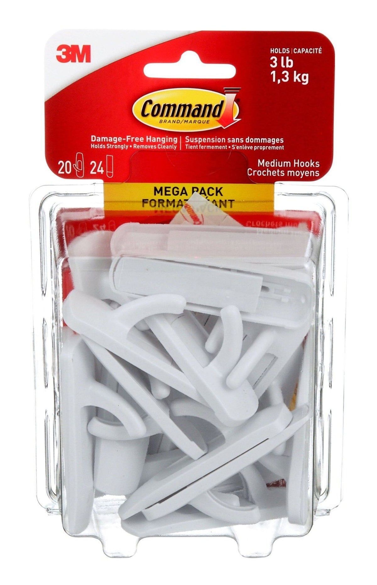 Medium Hooks Mega Pack with Adhesive Strips, White, 3-lbs, 20 Hooks/Pack X5Z0 - product image 1