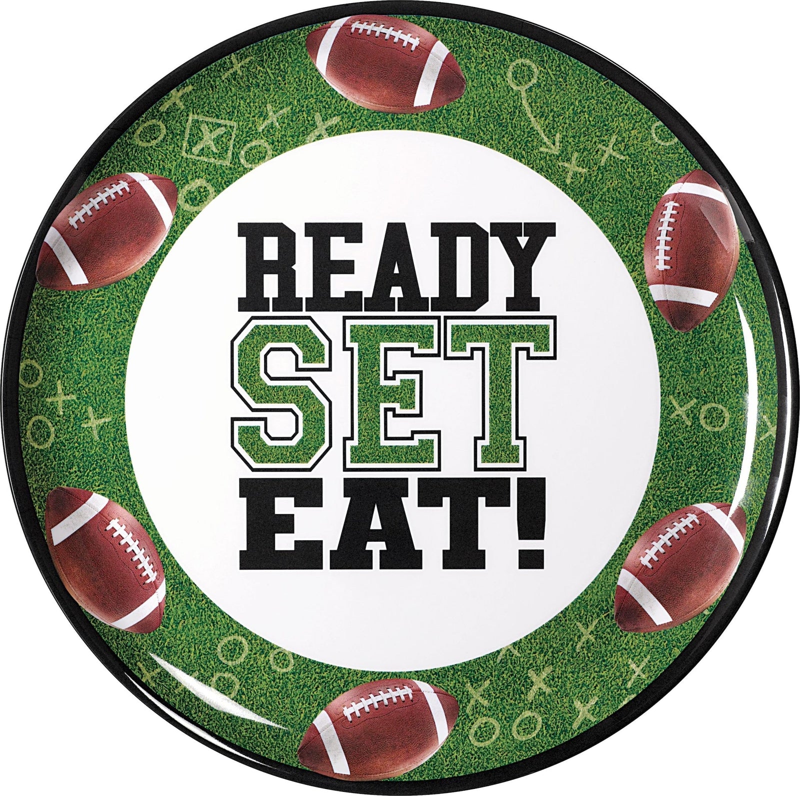 "Ready Set Eat" Round Plastic Melamine Reusable Serving Platter, Green, 13.5-in, for Sports Party Y1Q0 - product image 1