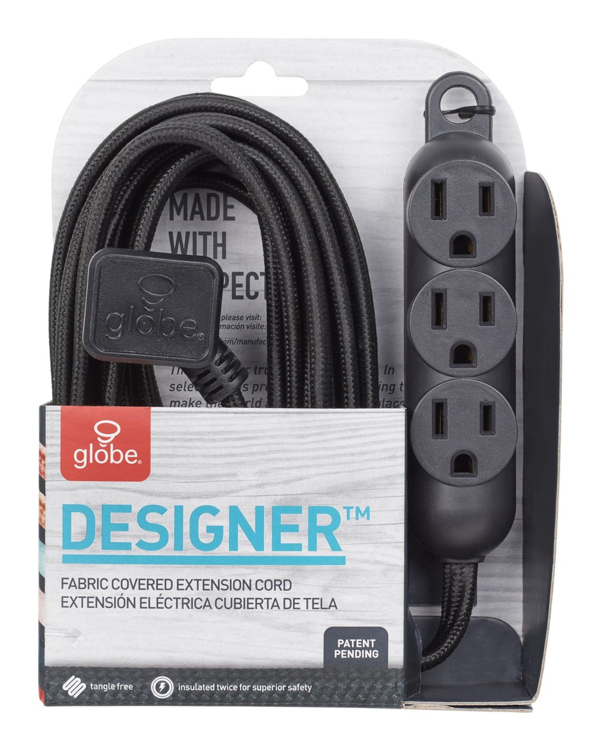 12-ft 16/3 Fabric Extension Cord, Right Angle Plug, 3 Outlets, Black K4Q9 - product image 1