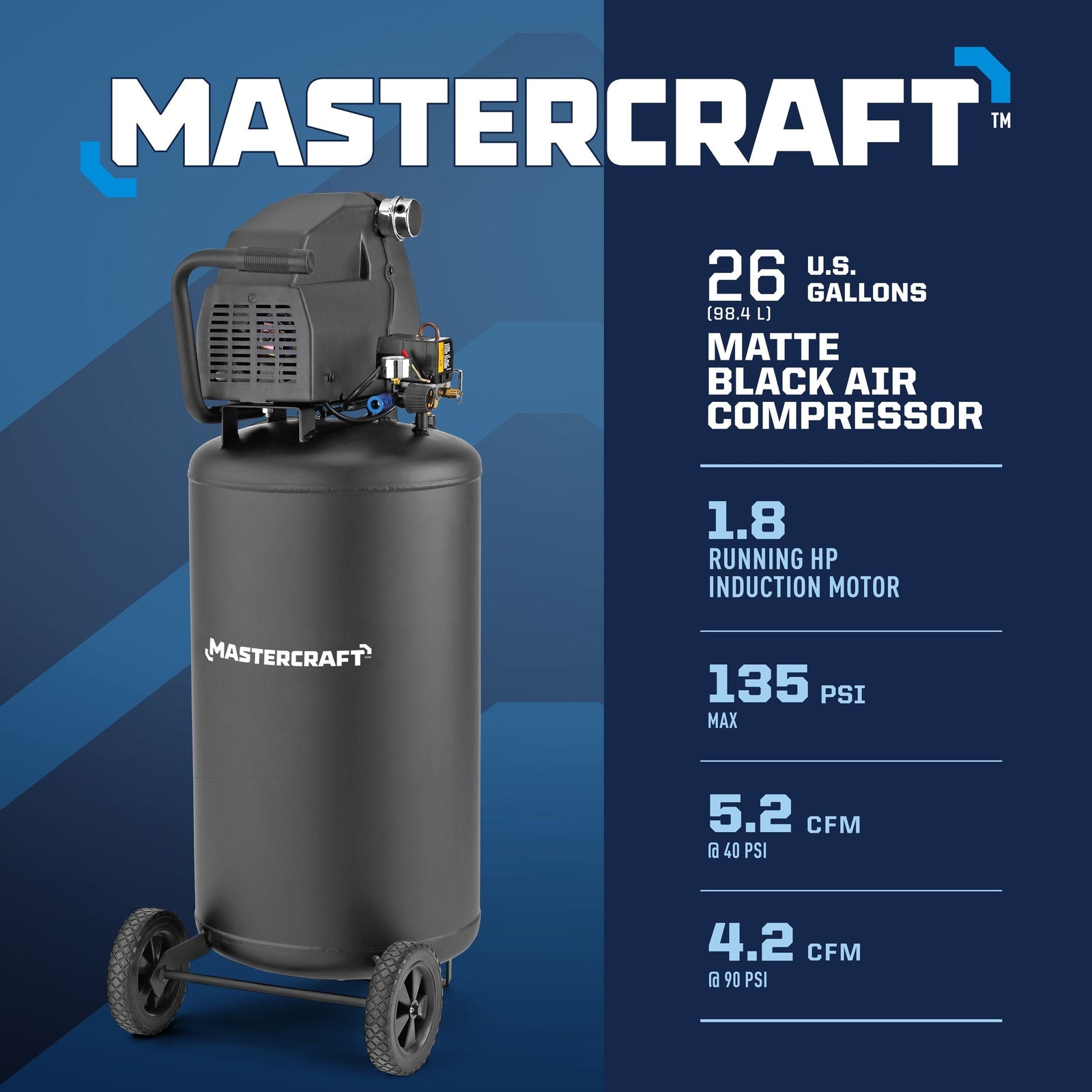 26-Gallon Oil-Free Portable Vertical Air Compressor, Matte Black, 135 PSI, 1.8HP F5K4 - product image 3