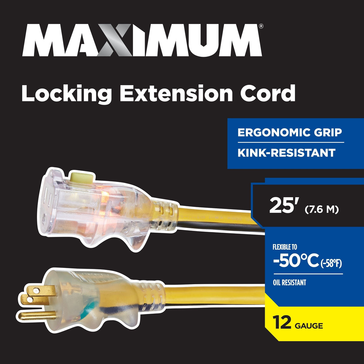25-ft 12/3 Outdoor Extension Cord with Grounded Outlet, Lighted End and Locking Connector, Yellow/Black T8P4 - product image 5