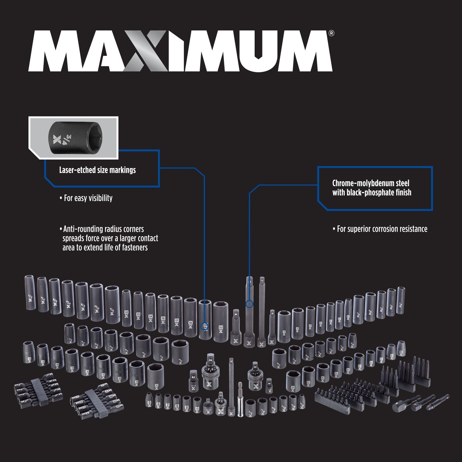 Professional Grade Impact Socket Set, 150-pc, SAE / Metric, CRMO E2B3 - product image 4