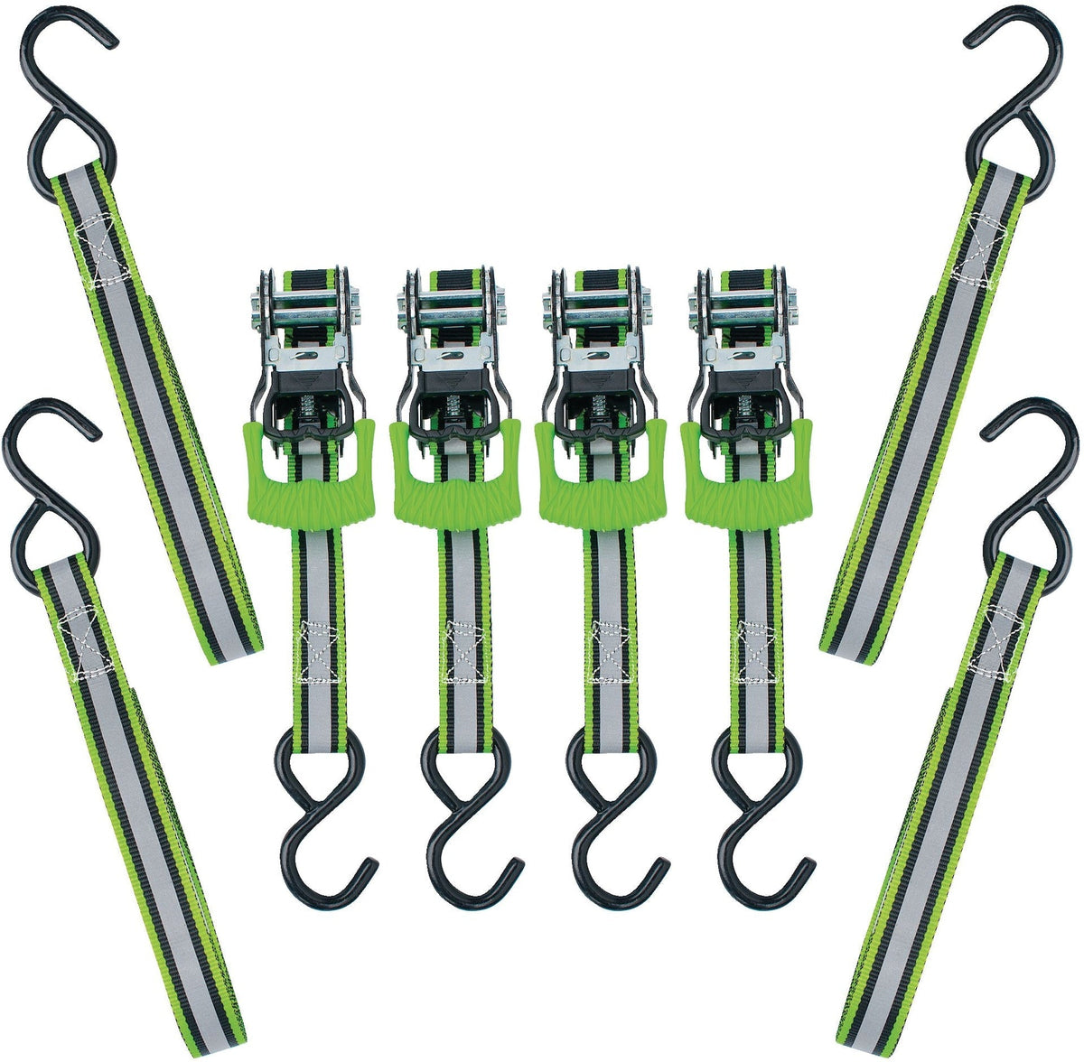 1,500-lb Reflective Ratchet Tie Down Strap, with Padded D-Handle, 1-in x 12-ft, 4-pk, Green O7Z6 - product image 1