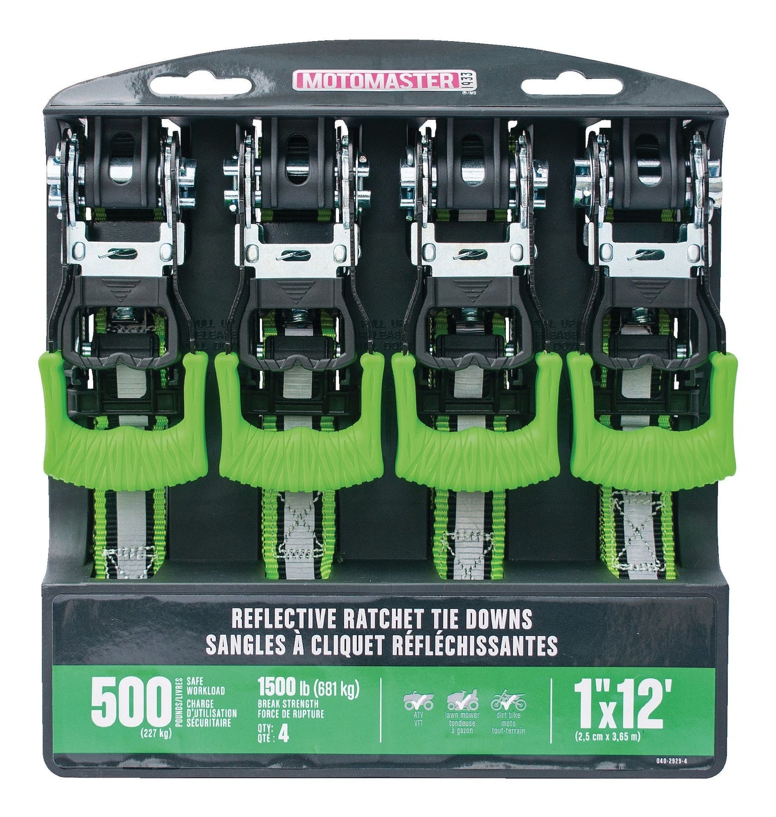 1,500-lb Reflective Ratchet Tie Down Strap, with Padded D-Handle, 1-in x 12-ft, 4-pk, Green O7Z6 - product image 2