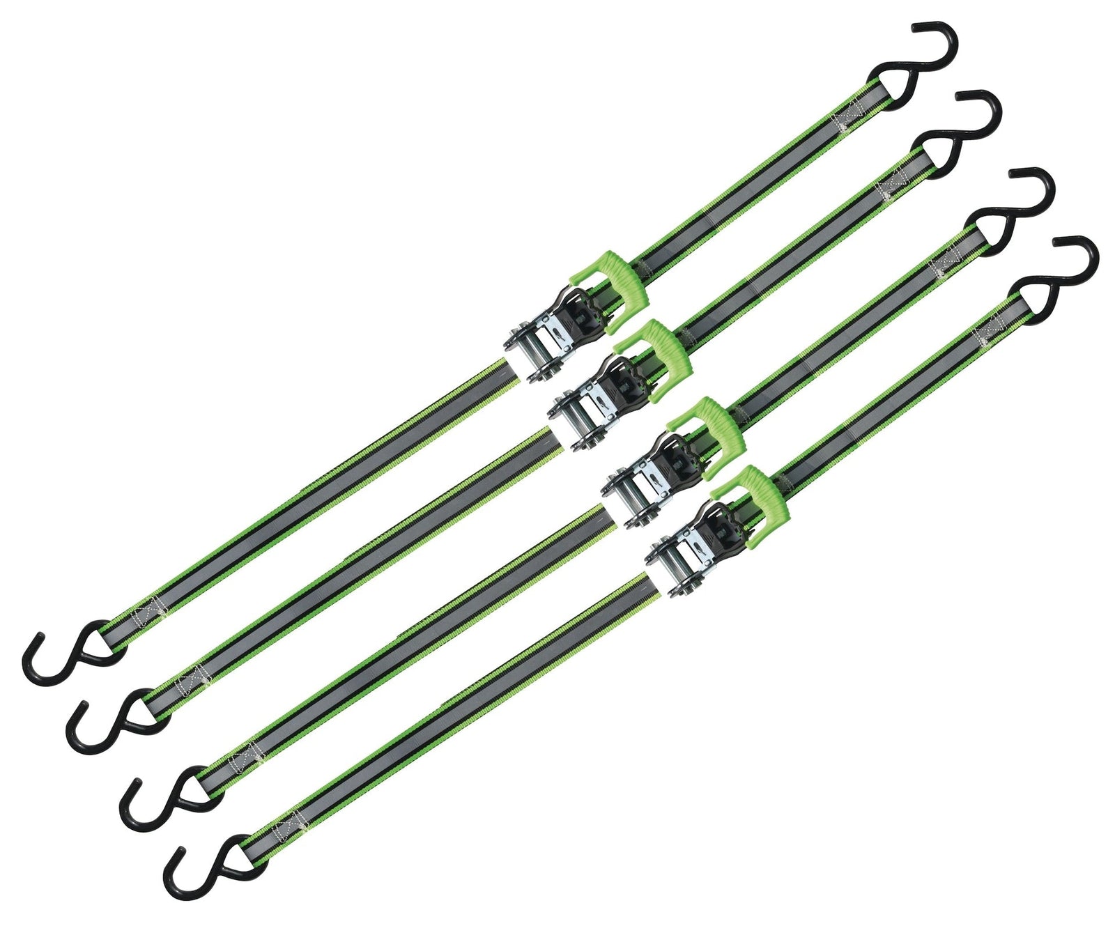1,500-lb Reflective Ratchet Tie Down Strap, with Padded D-Handle, 1-in x 12-ft, 4-pk, Green O7Z6 - product image 3