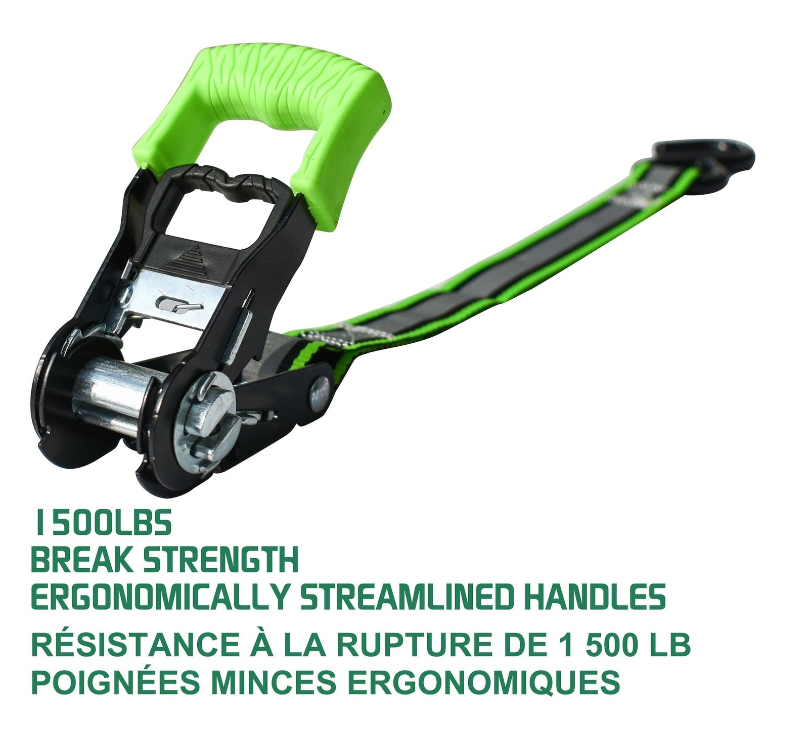 1,500-lb Reflective Ratchet Tie Down Strap, with Padded D-Handle, 1-in x 12-ft, 4-pk, Green O7Z6 - product image 5