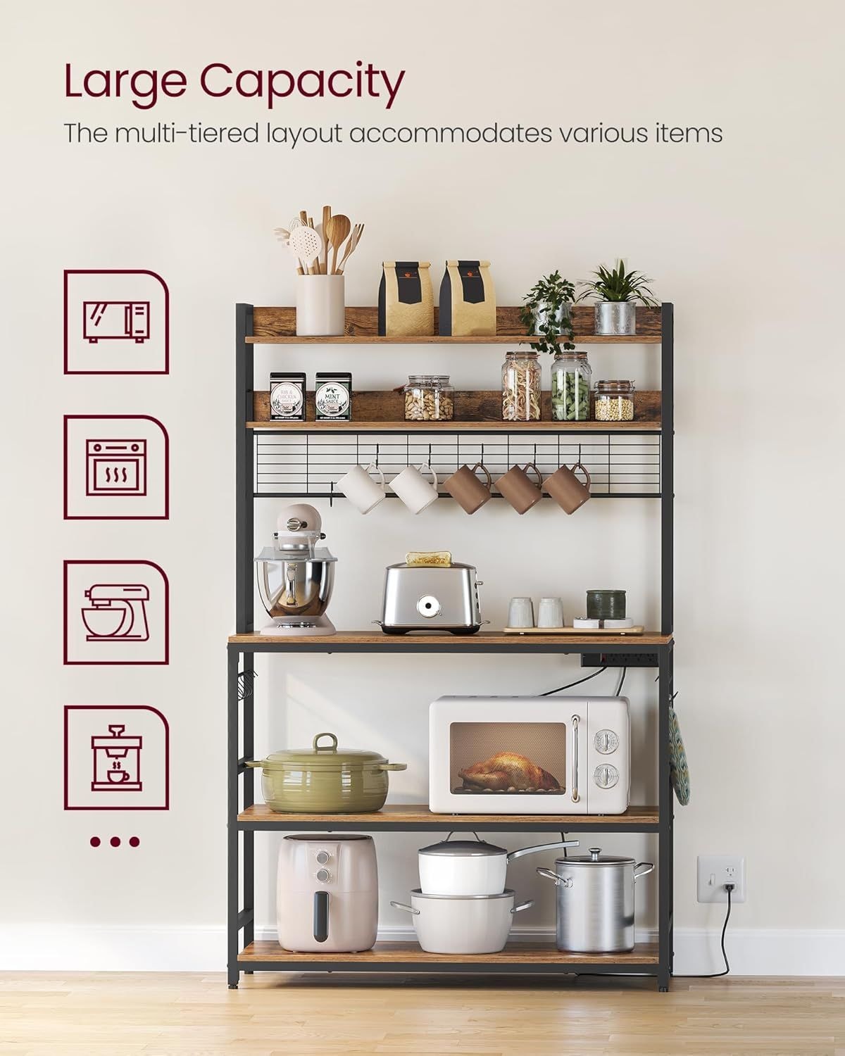 Home Rustic Brown Baker's Rack with 4 AC Outlets V5O8 - product image 7