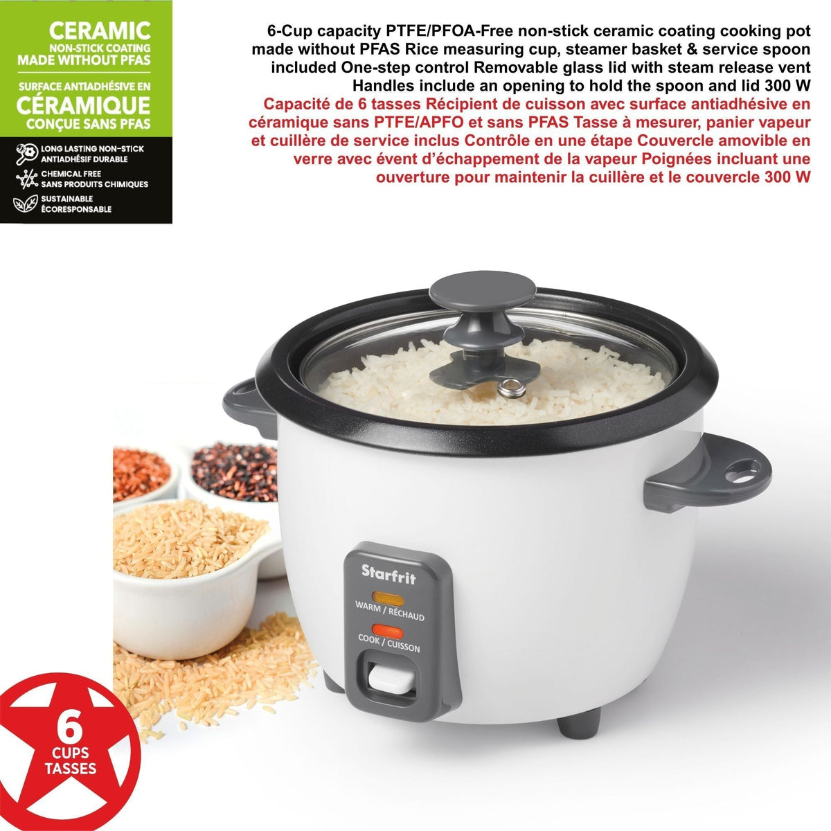 300W 6-Cup White Rice Cooker with Steam Basket O4Q9 - product image 5