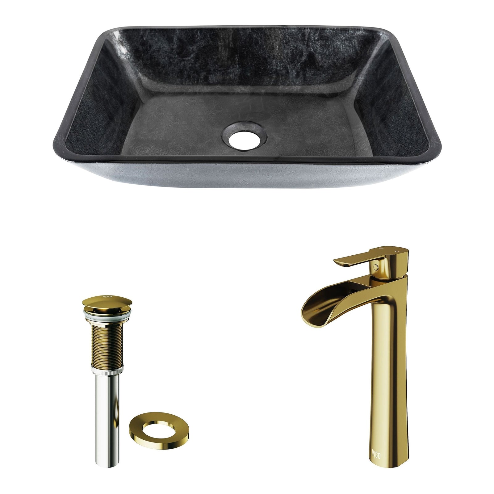 Glass Grey Onyx Bathroom Sink/Basin Set with Matte Gold Niko Faucet and Rectangular Vessel G2A5 - product image 2