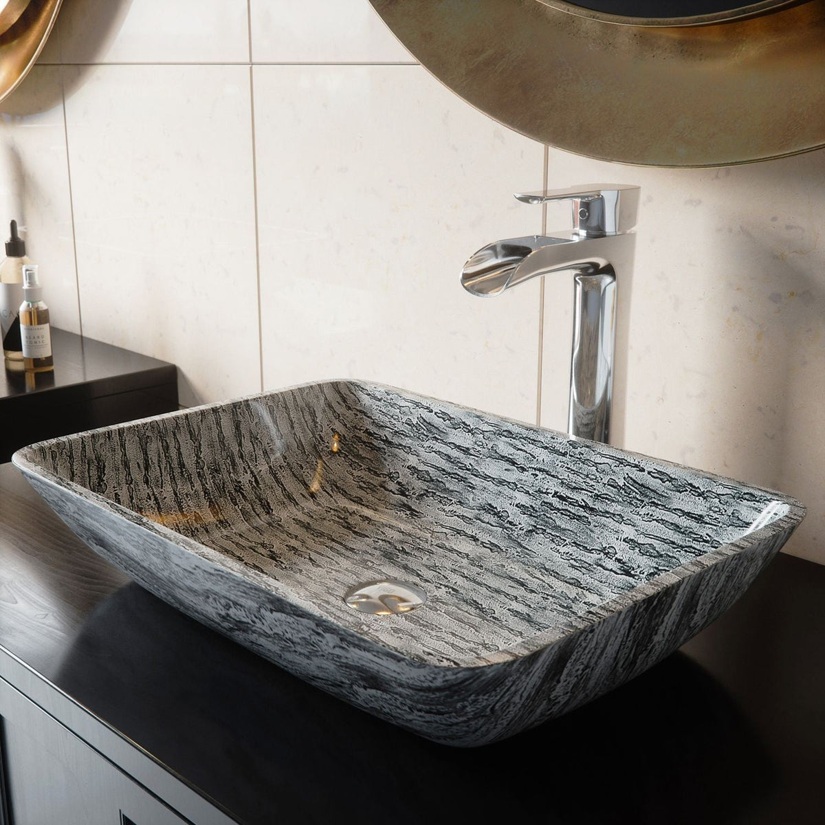 Glass Rectangular Vessel Bathroom Sink/Basin with Rounded Edges & Deep Bowl, Titanium K1E7 - product image 6