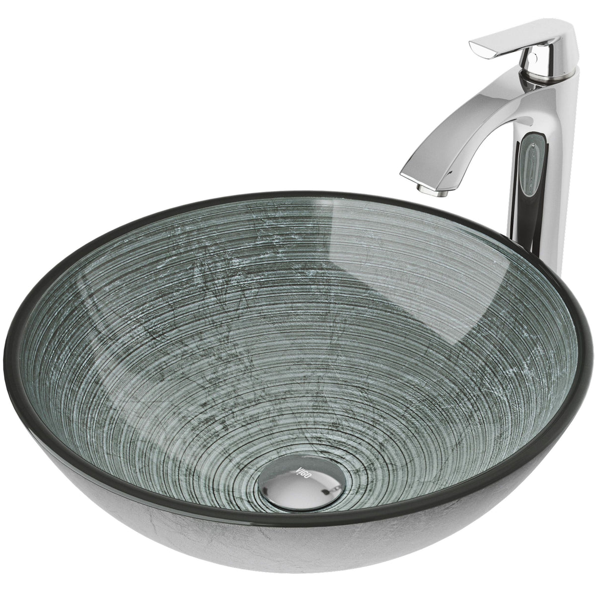 Glass Simply Silver Bathroom Sink/Basin Set with Linus Faucet and Round Vessel W1V0 - product image 1