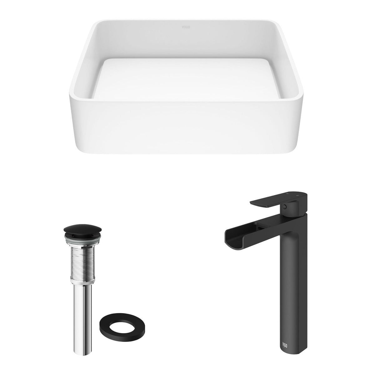Jasmine MatteStone White Bathroom Sink/Basin Set with Amada Faucet and Rectangular Composite Vessel A3L1 - product image 2