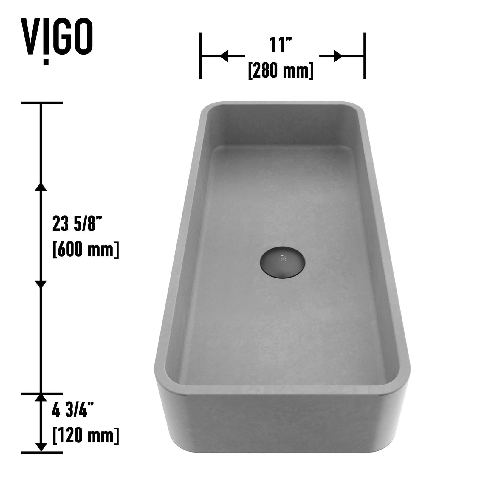 Palazzo Gothic ConcretoStone 24x11-in Deep Grey Bathroom Sink/Basin with Rectangular Vessel H2E6 - product image 4