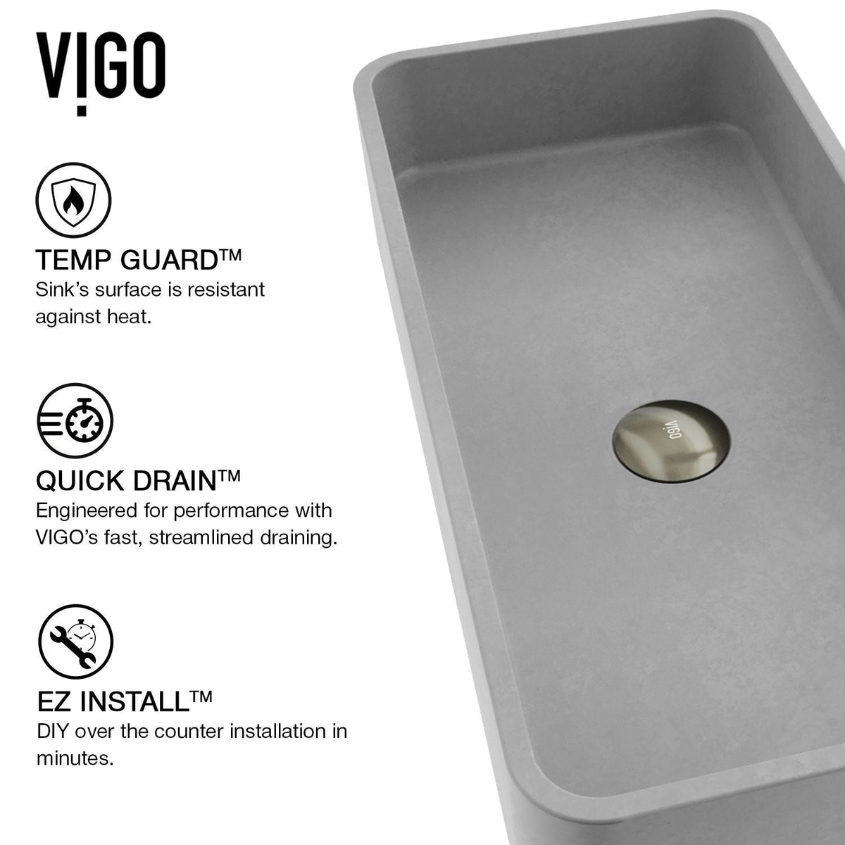 Palazzo Gothic ConcretoStone Grey Bathroom Sink/Basin Set with Niko Faucet and Rectangular Vessel V9R7 - product image 4