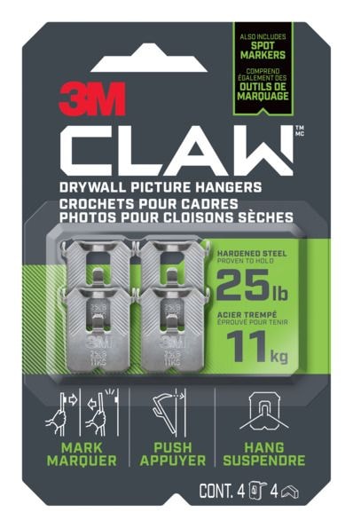 3M Claw DrywAll Picture Hanger, 25-lb Capacity, 4 Hangers per Pack M5Z1