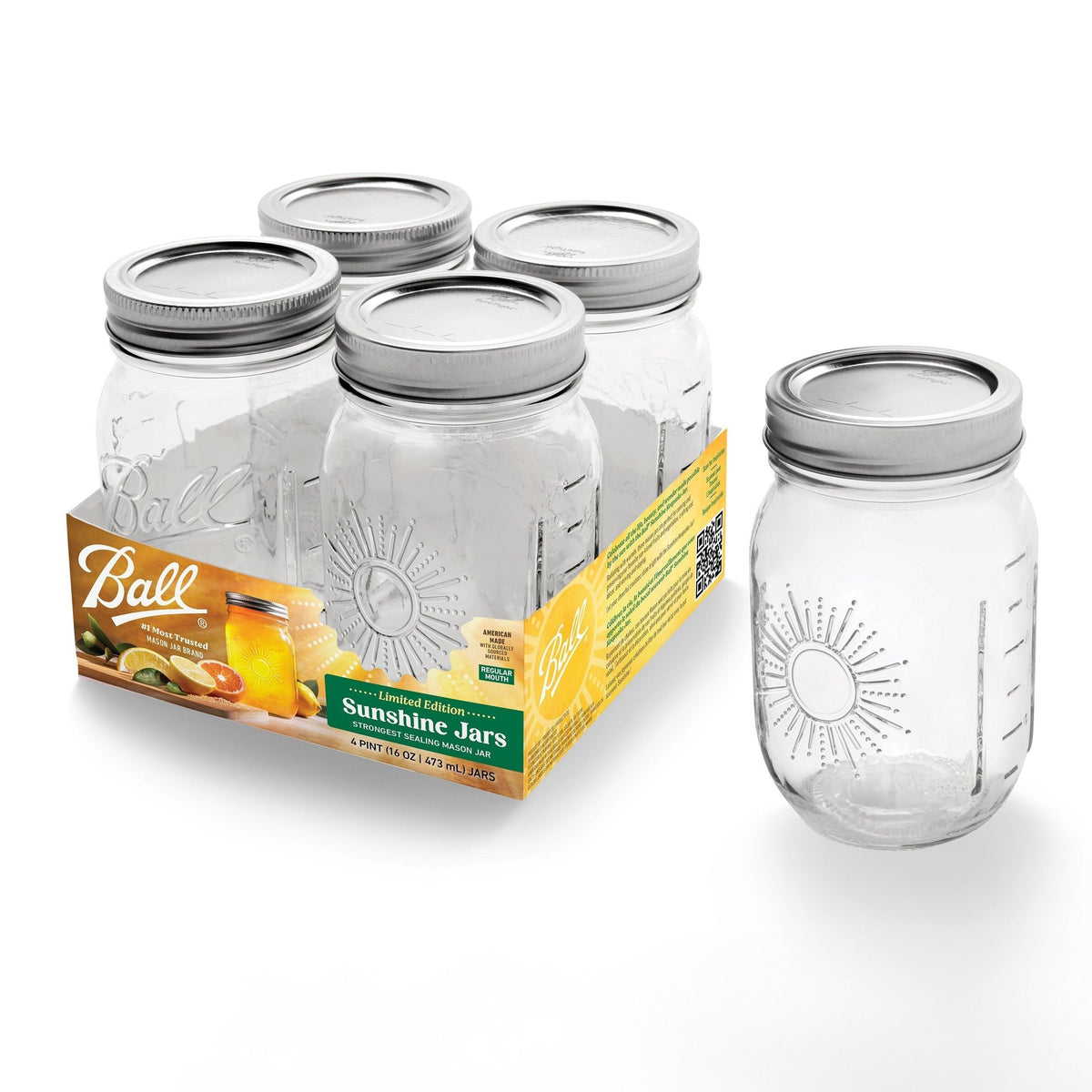 Ball Regular Mouth Sunshine Glass Mason Jar, 16-oz/473-mL, 4-pk L1O9 - product image 1