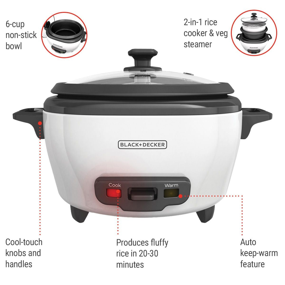 Non-Stick Rice Cooker & Steamer White, 6 Cups A9K1 - product image 7