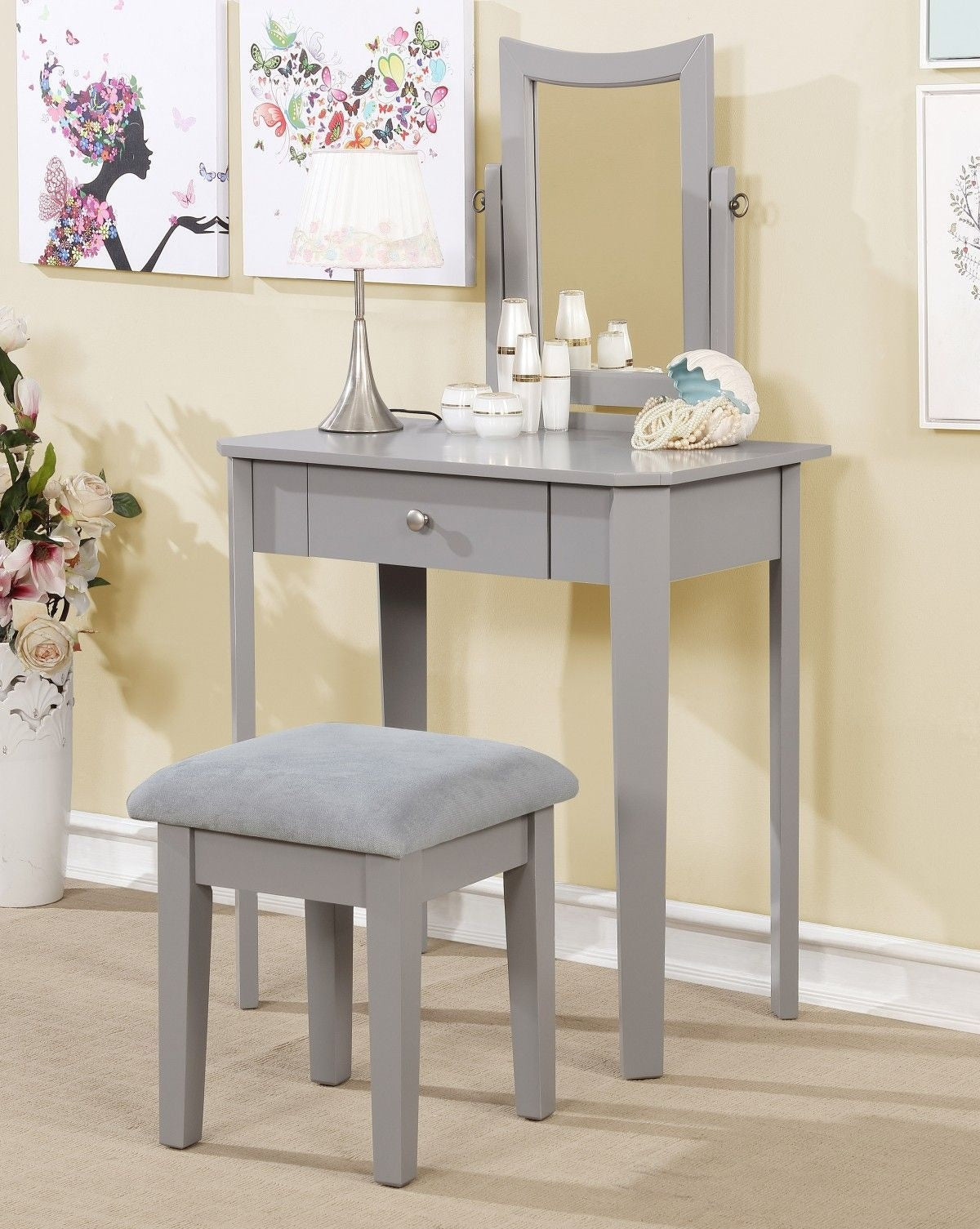 Cece 1-Drawer Grey Dressing Table Makeup Vanity Set with Stool and Mirror R3C3 - product image 4