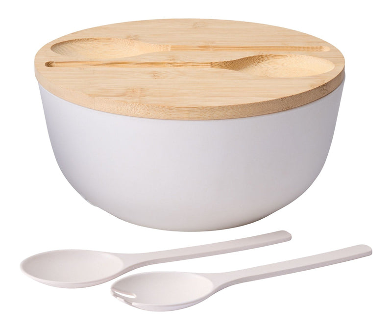 Bamboo Salad Bowl Set with Lid & Servers, White Z3M0