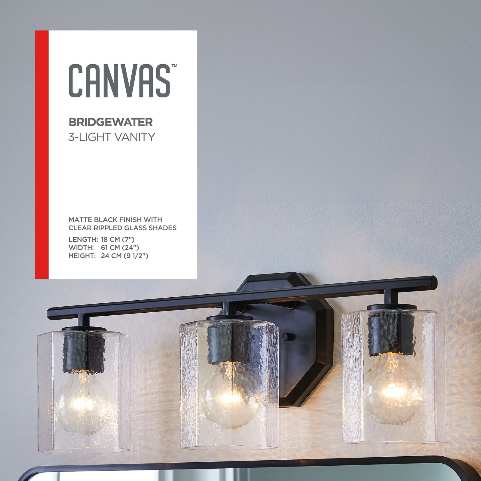 Bridgewater 3-Light Vanity Light Fixture with Rippled Glass Shade, Black C0L2 - product image 4