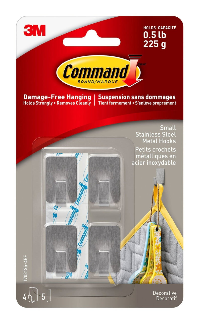 Small Stainless Steel Metal Hooks with Adhesive Strips, Silver, 0.5-lbs, 4 Strips per Pack M3A0