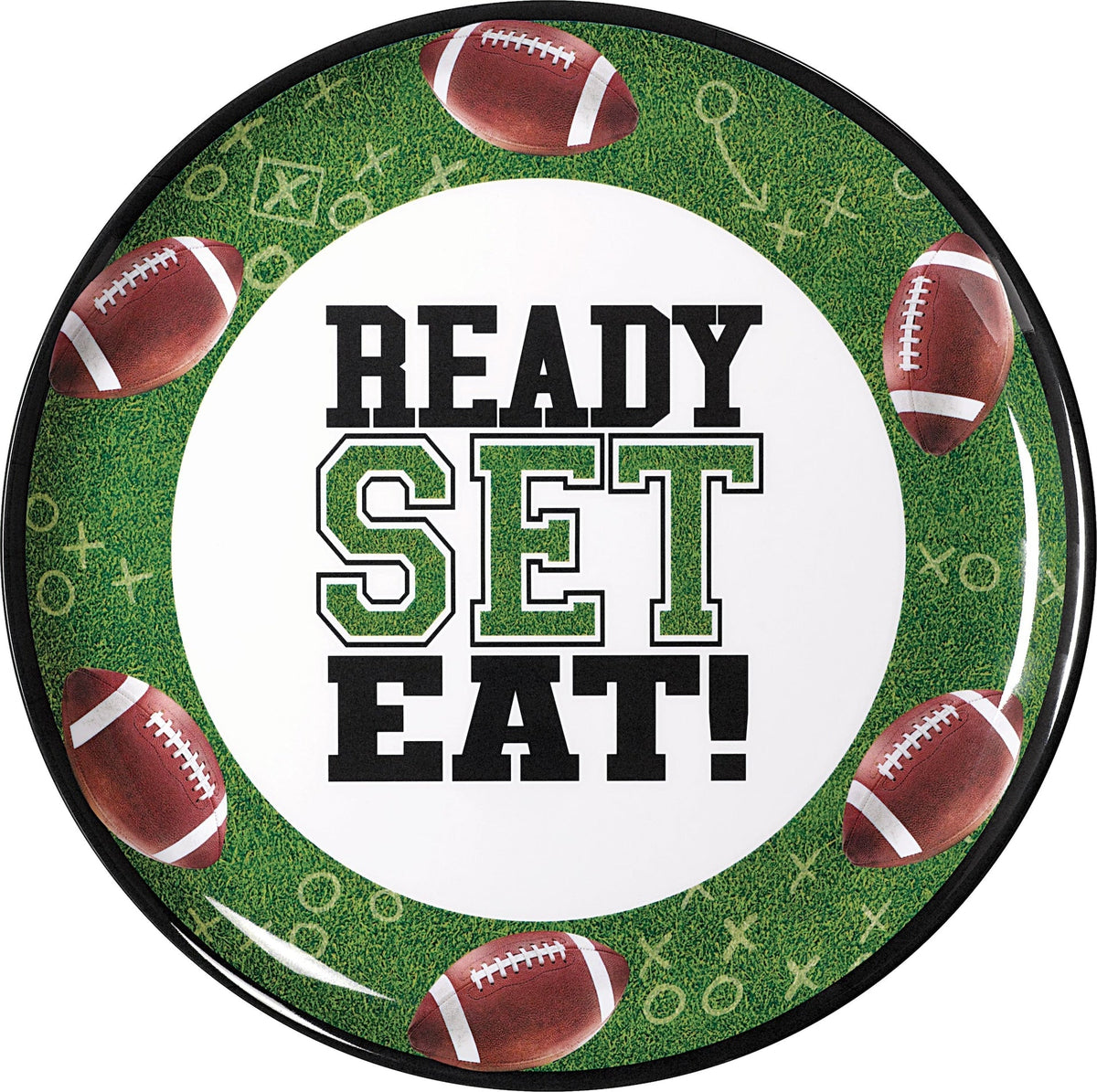 "Ready Set Eat" Round Plastic Melamine Reusable Serving Platter, Green, 13.5-in, for Sports Party F4P6 - product image 1