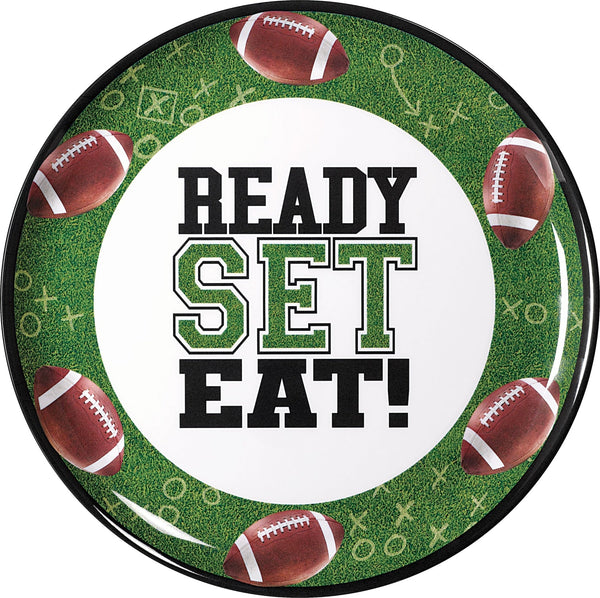 "Ready Set Eat" Round Plastic Melamine Reusable Serving Platter, Green, 13.5-in, for Sports Party F4P6