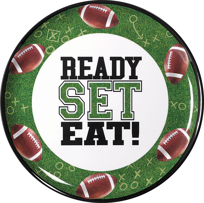 "Ready Set Eat" Round Plastic Melamine Reusable Serving Platter, Green, 13.5-in, for Sports Party F4P6