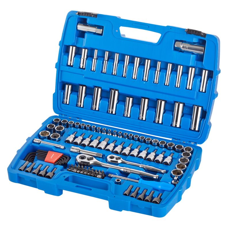 Socket Set, 128-pc, SAE / Metric, CRV, Nickel-Chrome Plating E4R6