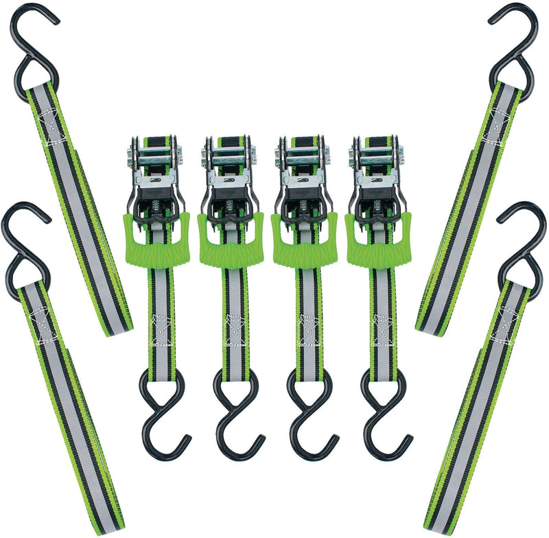 1,500-lb Reflective Ratchet Tie Down Strap, with Padded D-Handle, 1-in x 12-ft, 4-pk, Green O7Z6