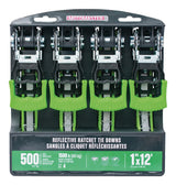 1,500-lb Reflective Ratchet Tie Down Strap, with Padded D-Handle, 1-in x 12-ft, 4-pk, Green O7Z6 - product image 2