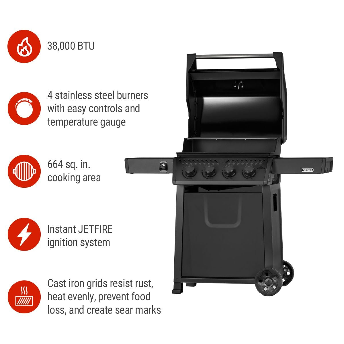 Rebel 425 4-Burner LP Gas BBQ, Matte Black T0V1 - product image 3