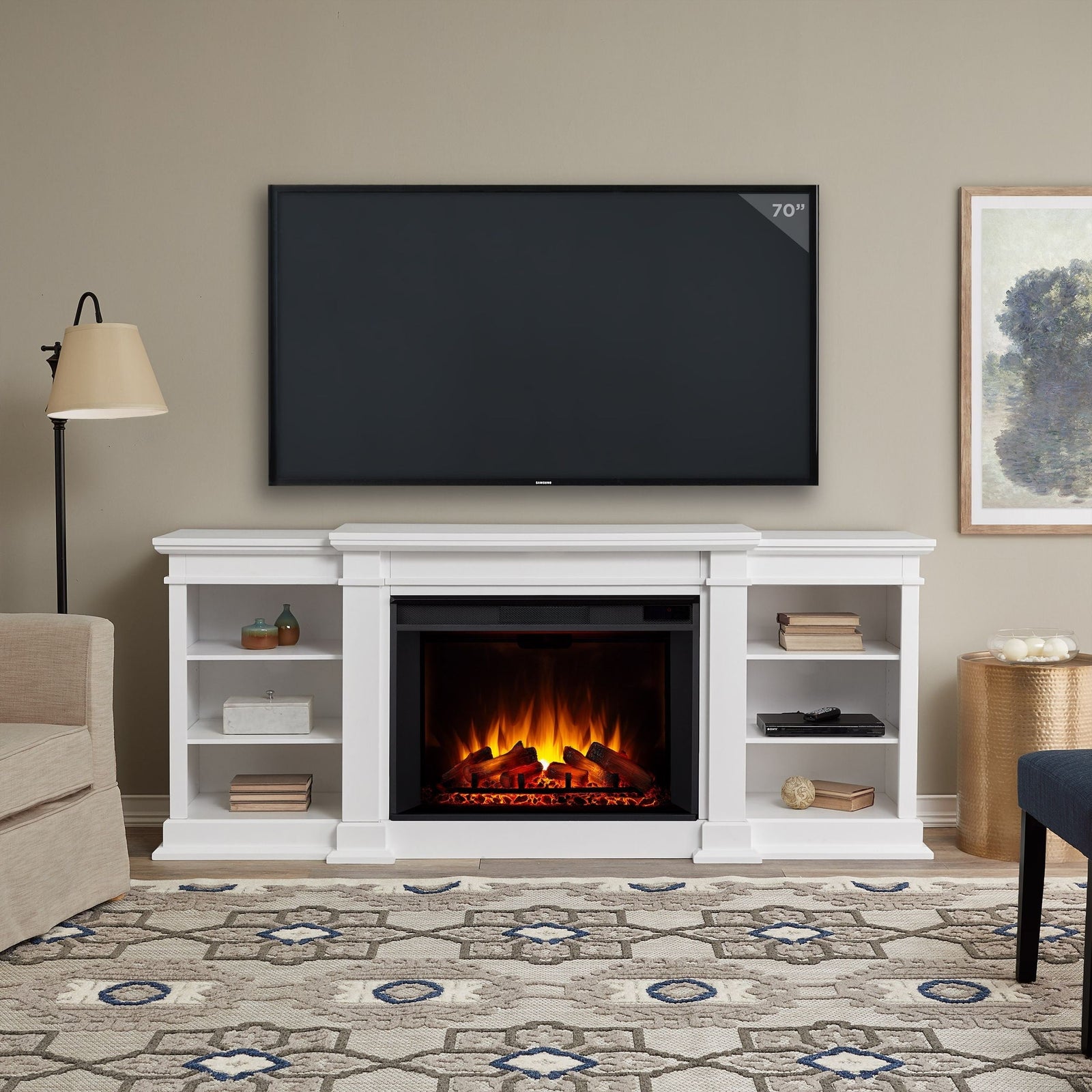 Flame Eliot Grand Entertainment VividFlame Media Indoor Electric Fireplace TV Stand, 1500W, Includes Remote Control & Firebox, White K8N0 - product image 4