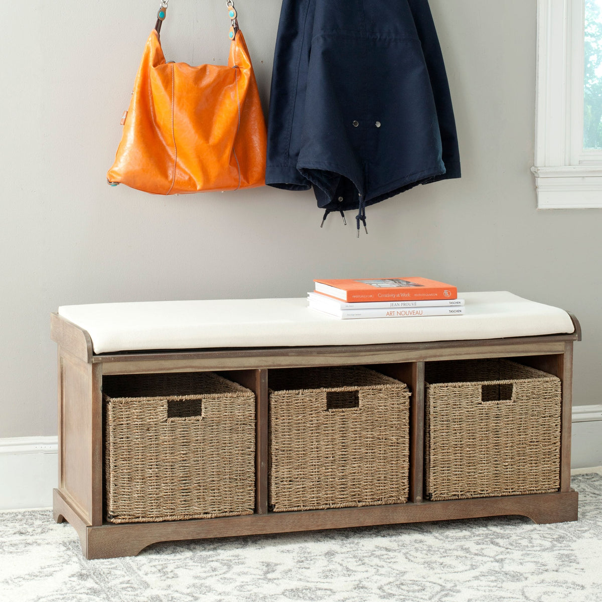 Lonan Wicker Storage Bench, Grey Wash/White, 16.1-in x 47-in x 19.9-in K0R1 - product image 8