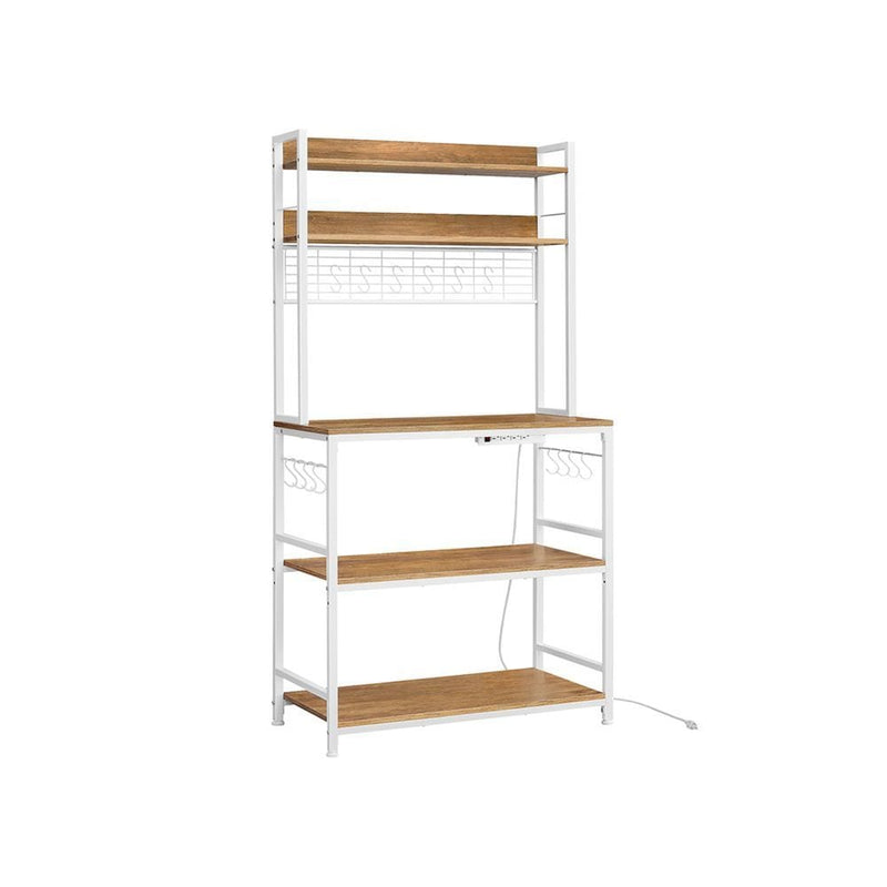 Home 5-Shelf Rustic Walnut Baker's Rack with 4 AC Outlets O0W7