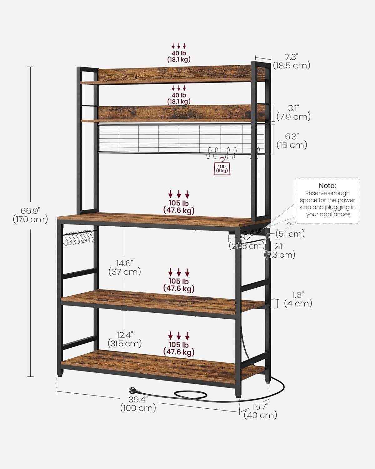 Home Rustic Brown Baker's Rack with 4 AC Outlets V5O8 - product image 5