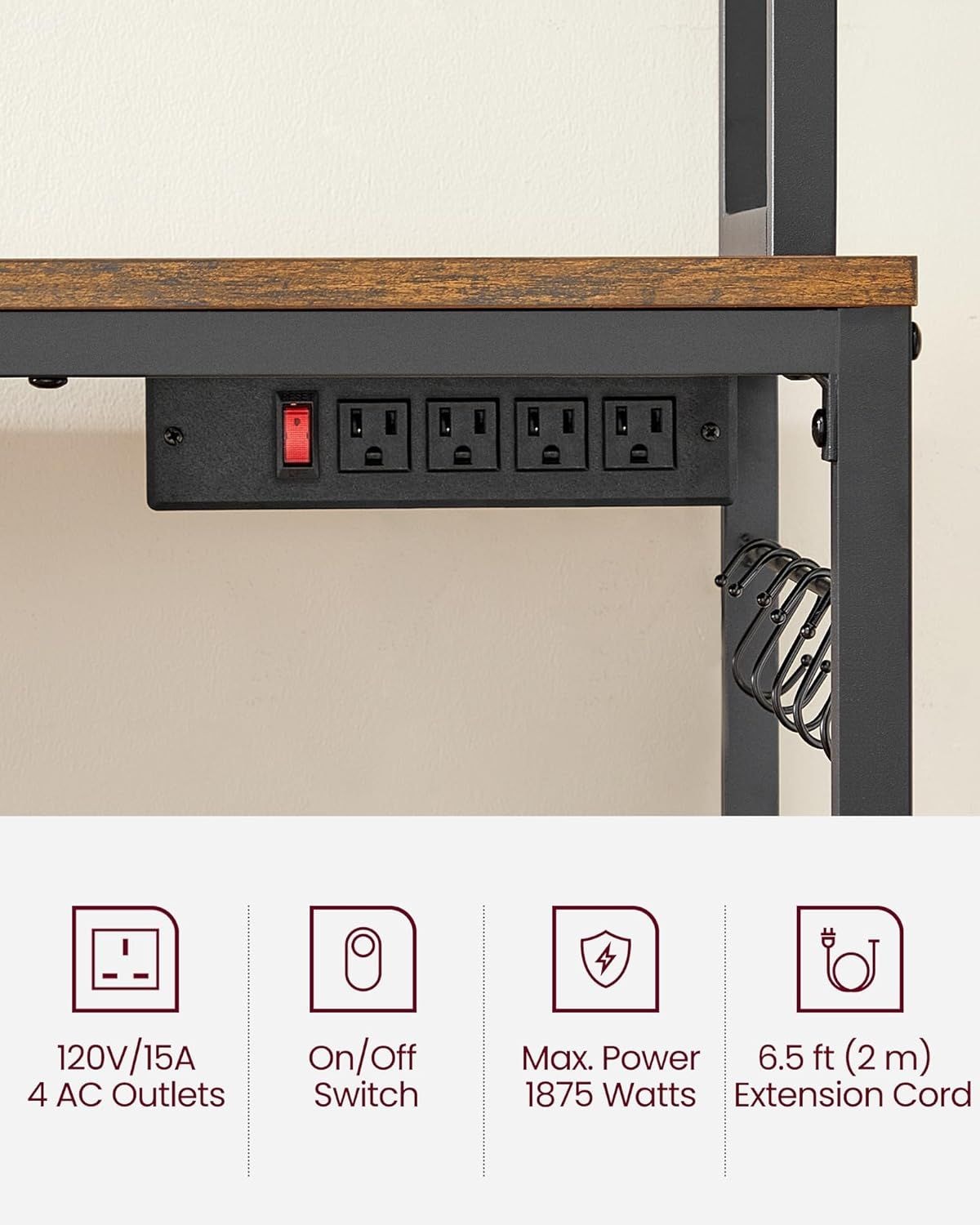 Home Rustic Brown Baker's Rack with 4 AC Outlets V5O8 - product image 8
