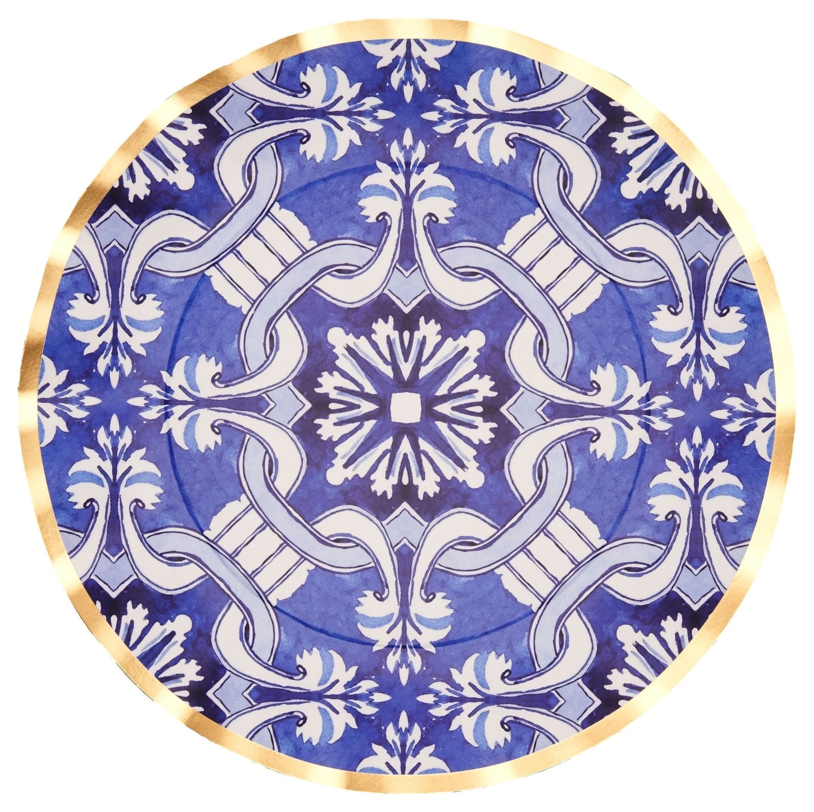 Moroccan Nights Round Bordered Trimmed Paper Disposable Dinner Plates, Blue/Gold, Tile, 10-in, 8-pk, for Mother's Day/Easter H3G3 - product image 1
