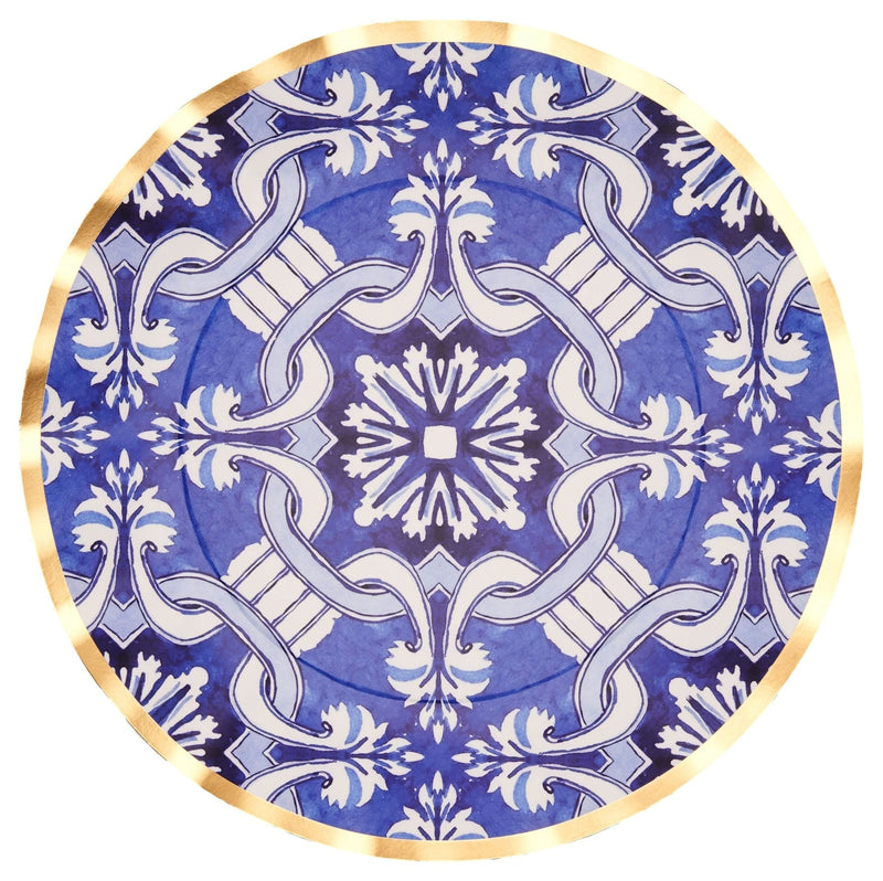Moroccan Nights Round Bordered Trimmed Paper Disposable Dinner Plates, Blue/Gold, Tile, 10-in, 8-pk, for Mother's Day/Easter H3G3
