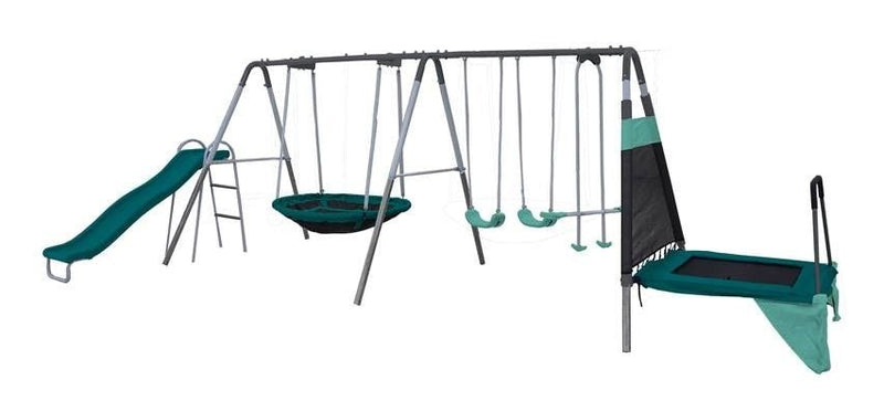 Outdoor Ravine Metal Swing Set Combo, 2 Swings, Glider, Trampoline & Saucer A6B4