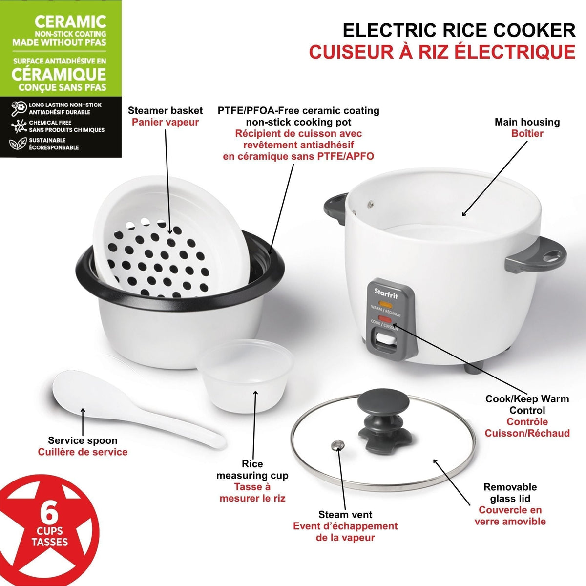 300W 6-Cup White Rice Cooker with Steam Basket O4Q9 - product image 6
