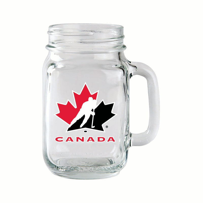 Team Canada/Hockey Canada Glass Mason Mug, Reusable Drinking Jar with Handle, Clear, 14-oz I7U1